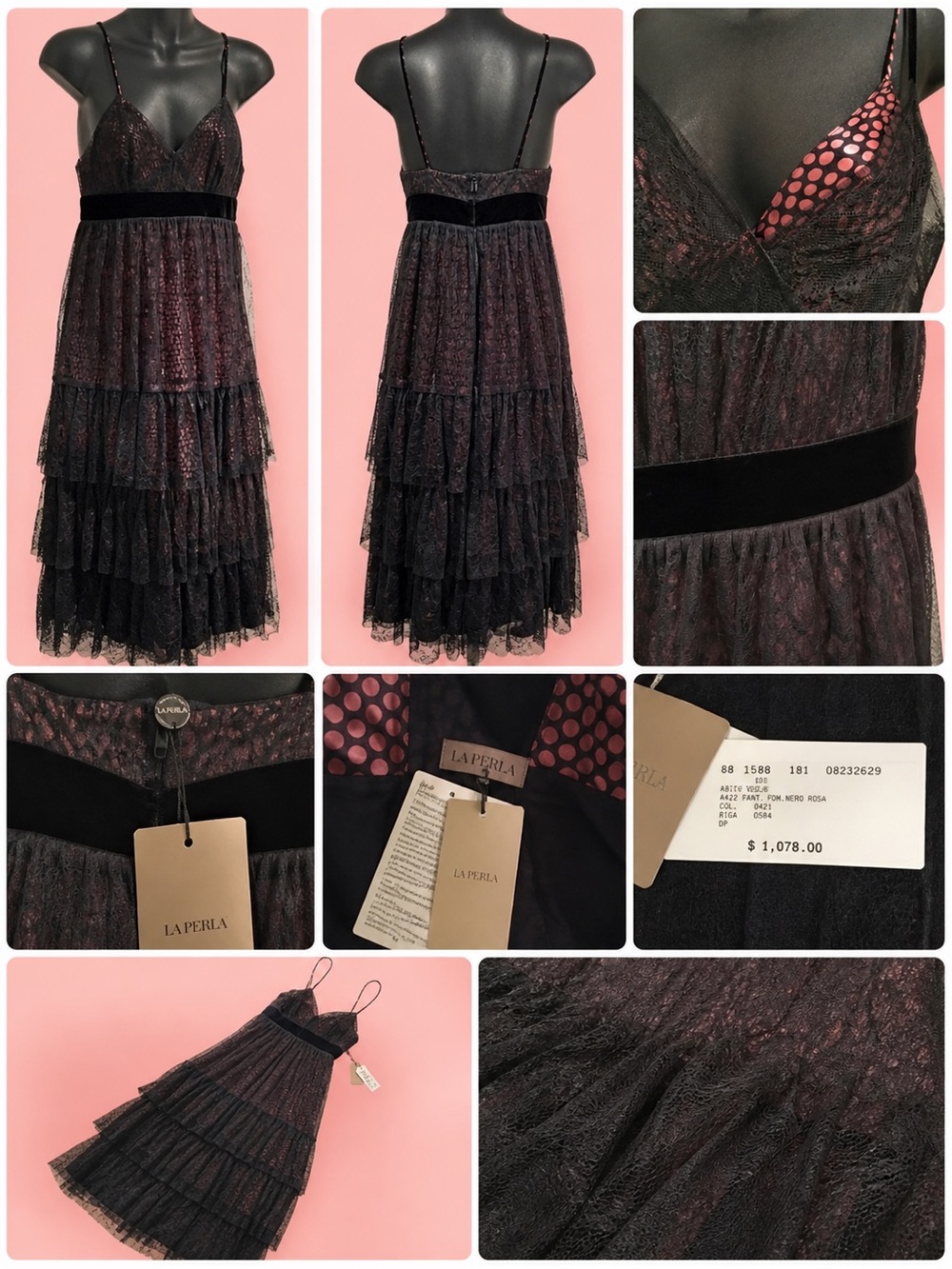 La Perla Tiered Lace Slip Dress Black Pink Silk Lingerie-Inspired Runway Gown 8 - Picture 16 of 16